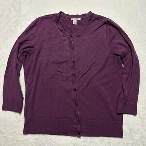 Halogen Women's Purple Cardigan Sweater Medium Plum Crew Neck 3/4 Sleeve Knit